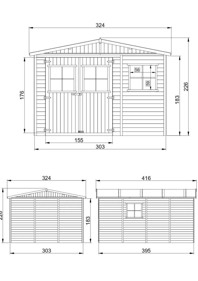 Abri de jardin en bois avec les planchers imprégné - h226x324x416 cm -12 m²