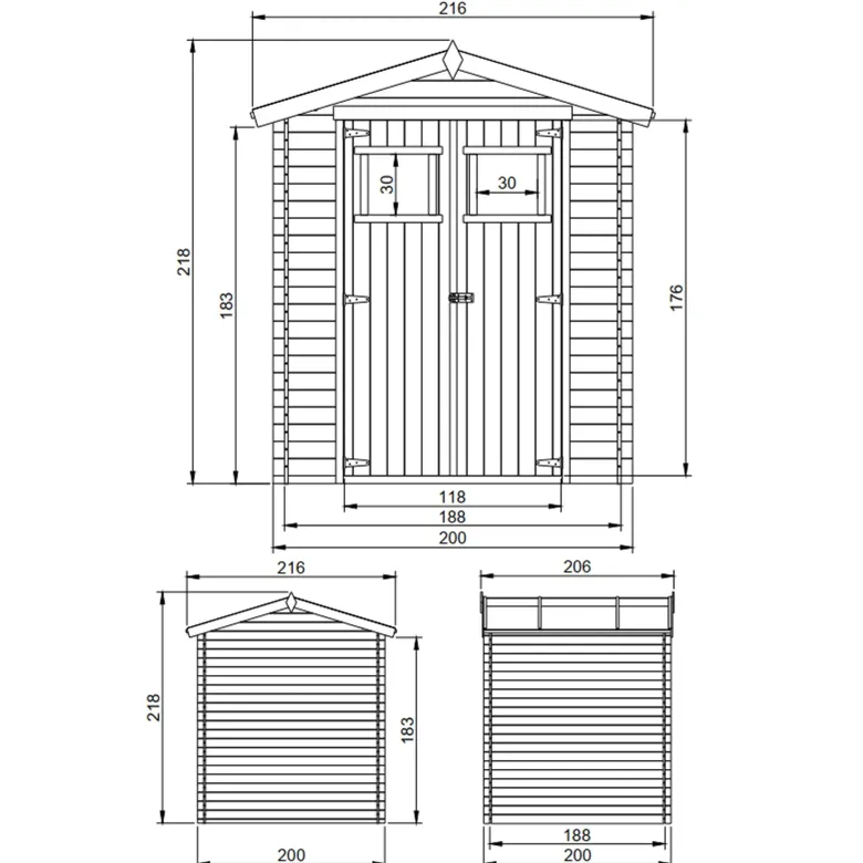 Abri de jardin en bois avec sol traité - l216xl206xh218 cm 3.53 m2