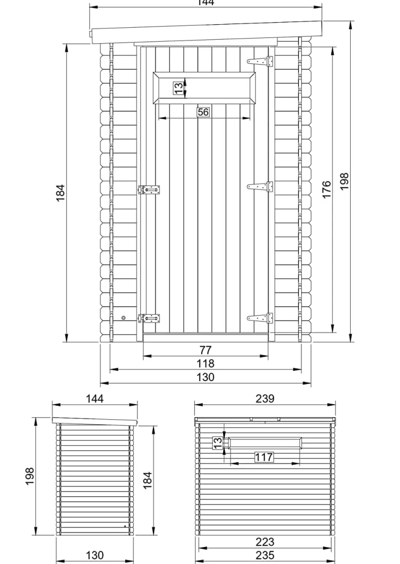 Abri de jardin en bois avec sol traité- l239xl144xh198 cm-2.63 m2
