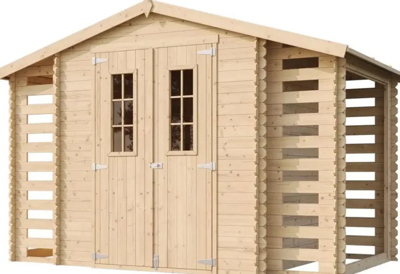 Abri de jardin en bois range bûches extérieur avec sol traité 3,53+2x0,97m2