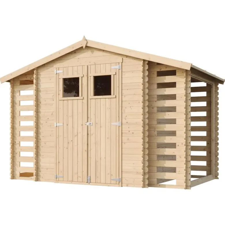 Abri de jardin en bois range bûches extérieur avec sol traité 3,53+2x0,97m2