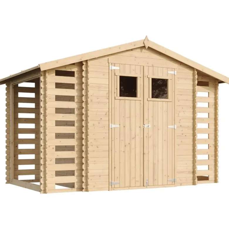 Abri de jardin en bois range bûches extérieur avec sol traité 3,53+2x0,97m2