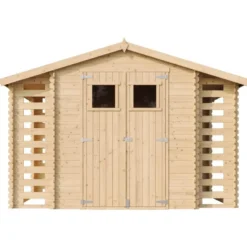 Abri de jardin en bois range bûches extérieur avec sol traité 3,53+2x0,97m2