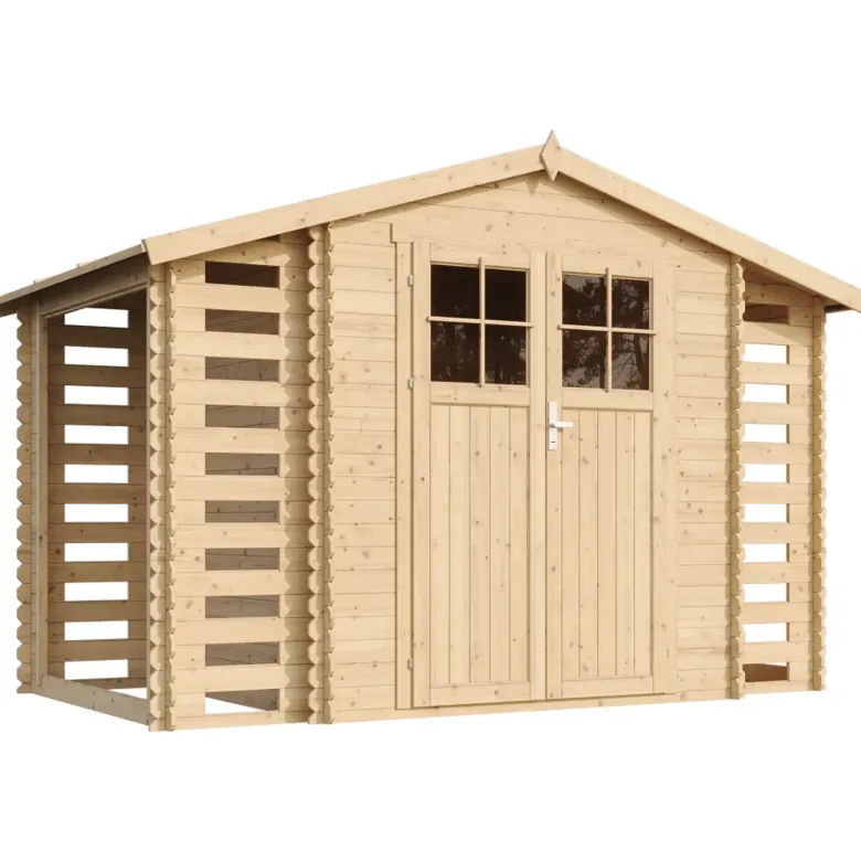 Abri de jardin en bois range bûches extérieur avec sol traité 3,53+2x0,97m2
