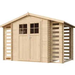Abri de jardin en bois range bûches extérieur avec sol traité 3,53+2x0,97m2