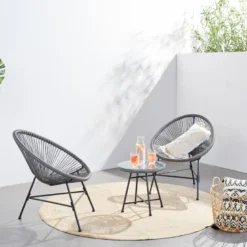 Acapulco salon de jardin 2 fauteuils ronds et table basse gris