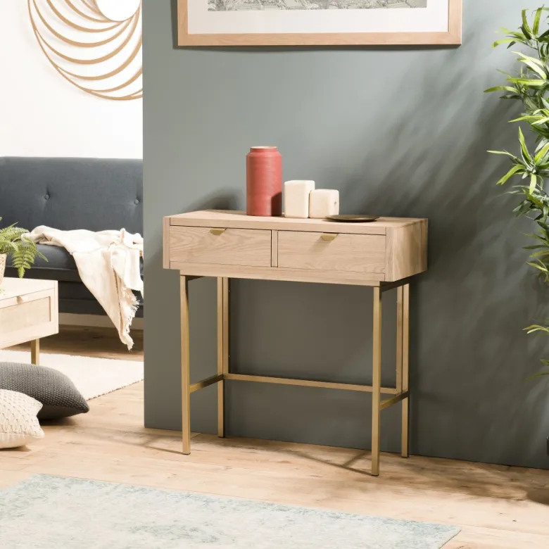 Aline - console bois 2 tiroirs pieds métal doré
