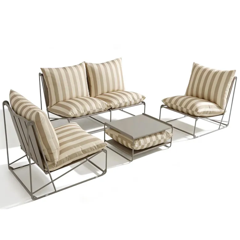Andria salon de jardin 4 places à rayures taupe et beige avec table basse