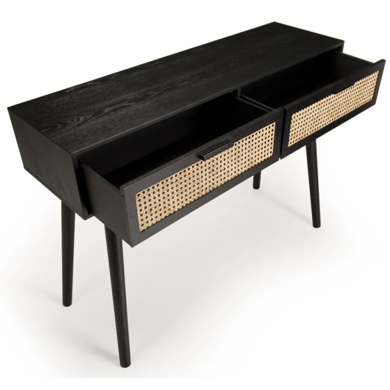 Angelo - console noire bois 2 tiroirs cannage