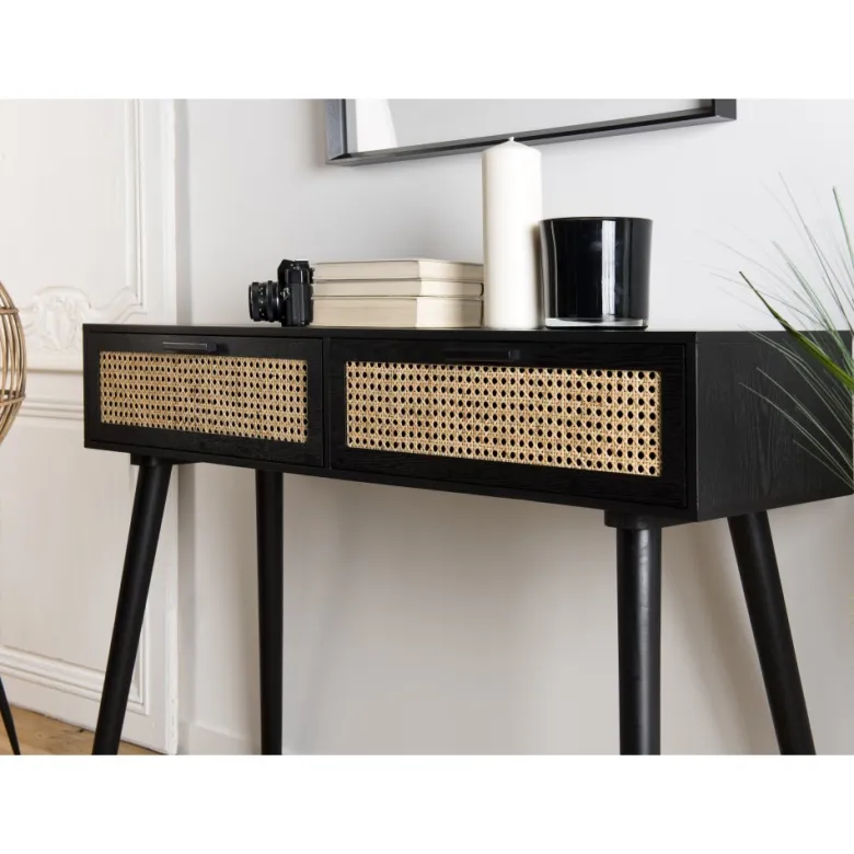 Angelo - console noire bois 2 tiroirs cannage