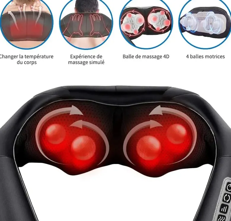 Appareil de massage shiatsu chauffant 8 têtes pour cou et dos