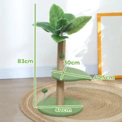 Arbre à chat design tropical - plateforme, griffoir, 2 jeux boules - beige vert
