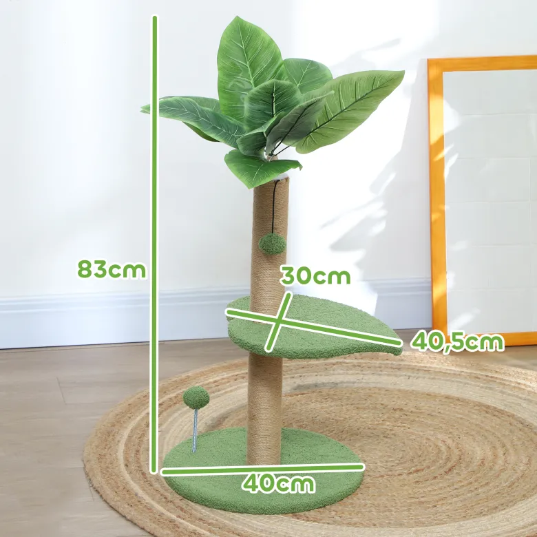Arbre à chat design tropical - plateforme, griffoir, 2 jeux boules - beige vert