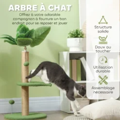 Arbre à chat design tropical - plateforme, griffoir, 2 jeux boules - beige vert