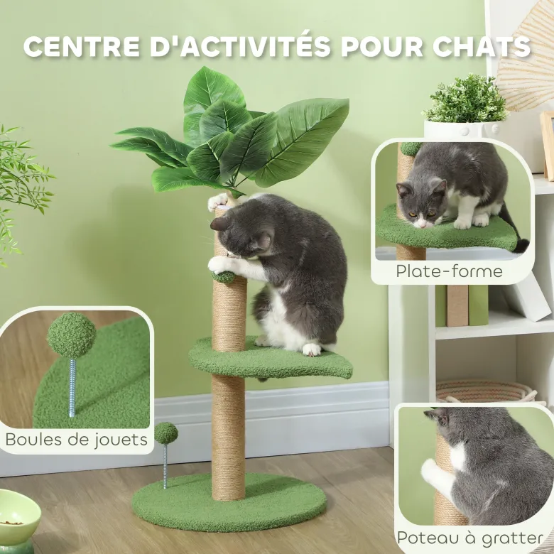 Arbre à chat design tropical - plateforme, griffoir, 2 jeux boules - beige vert