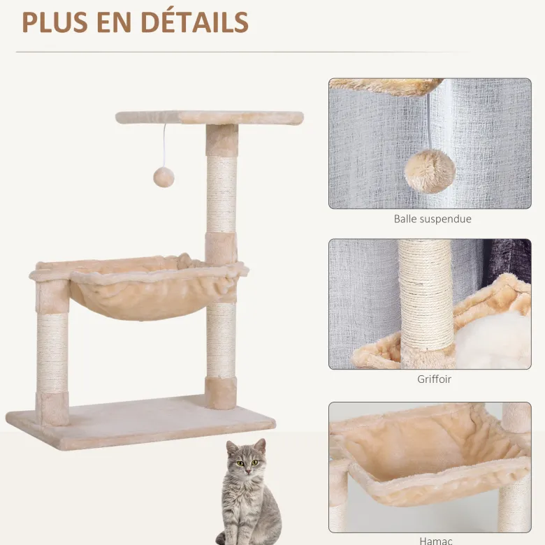 Arbre à chat 3 griffoirs, plateforme, hamac et boule suspendue