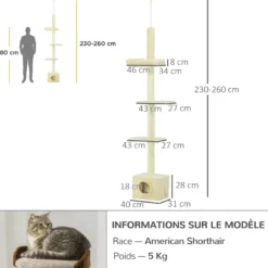 Arbre à chat hauteur réglable 230-260 cm - niche, 3 plateformes - peluche beige