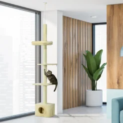 Arbre à chat hauteur réglable 230-260 cm - niche, 3 plateformes - peluche beige