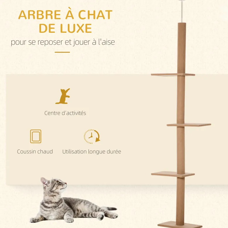 Arbre à chat poteau à griffer hauteur réglable 4 niveaux marron