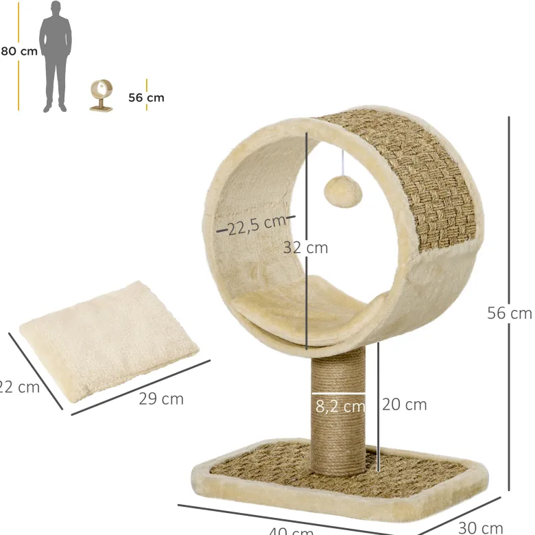 Arbre à chat rond style cosy chic avec coussin et souris suspendue