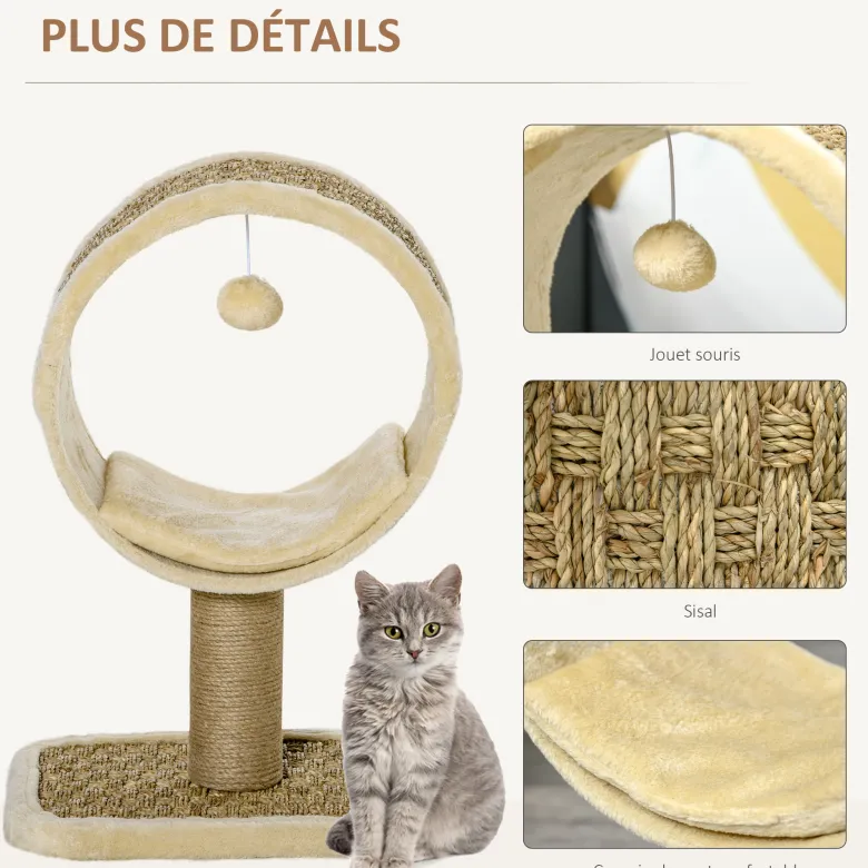 Arbre à chat rond style cosy chic avec coussin et souris suspendue