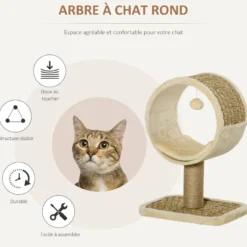 Arbre à chat rond style cosy chic avec coussin et souris suspendue
