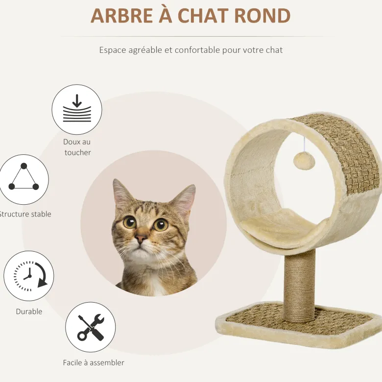 Arbre à chat rond style cosy chic avec coussin et souris suspendue