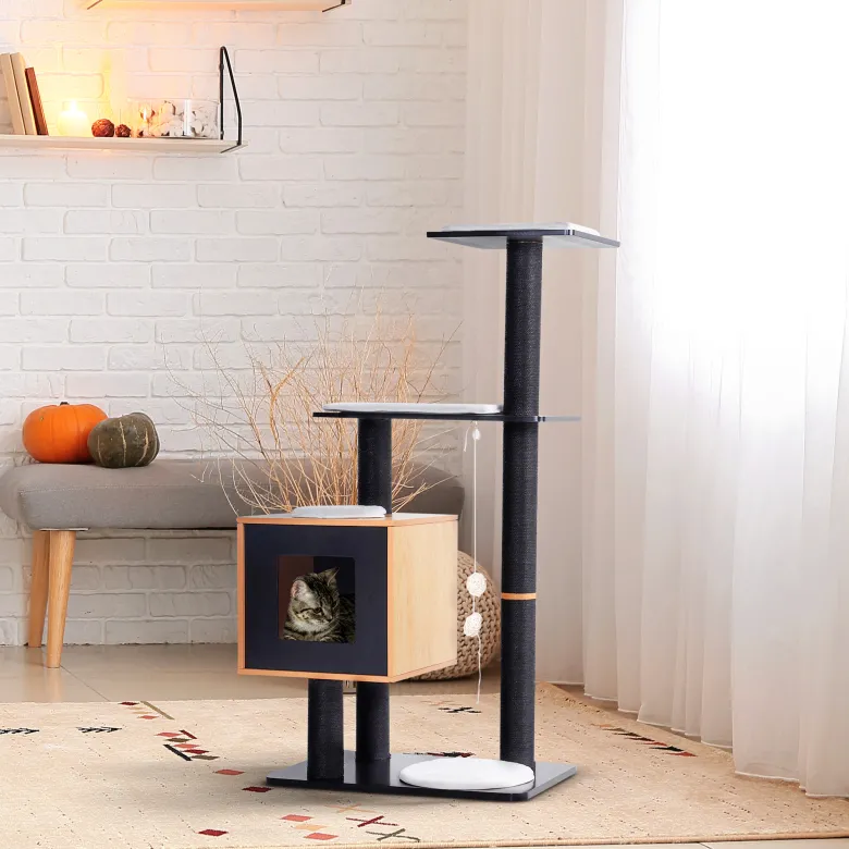 Arbre à chats design contemporain noir hêtre blanc
