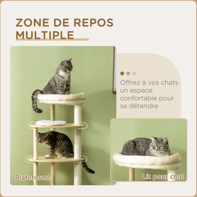 Arbre à chat style nordique coussins bois pin panneaux bois clair
