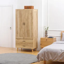 Armoire de chambre 2 portes penderie 2 tiroirs aspect chêne clair