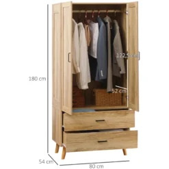 Armoire de chambre 2 portes penderie 2 tiroirs aspect chêne clair