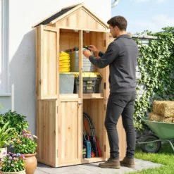 Armoire de jardin bois 4 portes 4 niv. Rangement toit bitumé