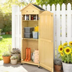Armoire de jardin bois 2 étagères toit double pente métal