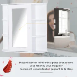 Armoire à glace 1 porte étagères latérales blanc