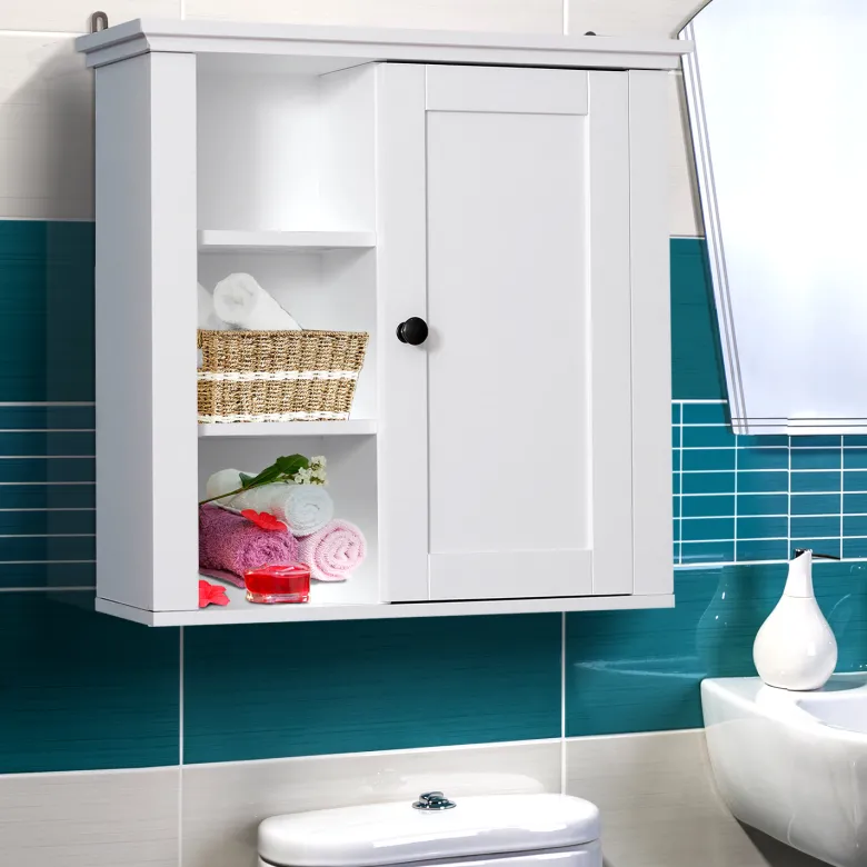 Armoire haute murale 1 porte 3 niches latérales blanc