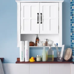 Armoire haute murale 2 portes 2 étagères niche blanc