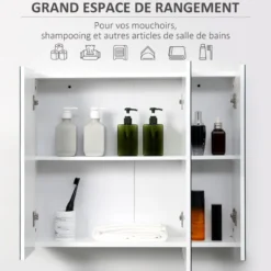 Armoire miroir de salle de bain 3 portes 2 étagères blanc