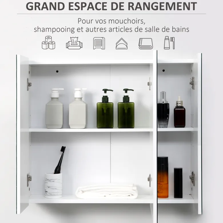 Armoire miroir de salle de bain 3 portes 2 étagères blanc