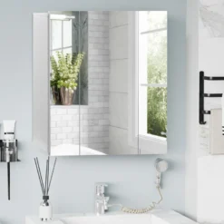 Armoire miroir de salle de bain 3 portes 2 étagères blanc
