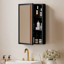 Armoire miroir murale salle de bain 2 étagères noir