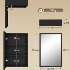 Armoire miroir murale salle de bain 2 étagères noir