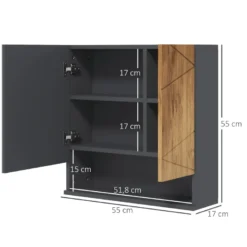 Armoire miroir 2 portes 2 étagères niche anthracite aspect bois