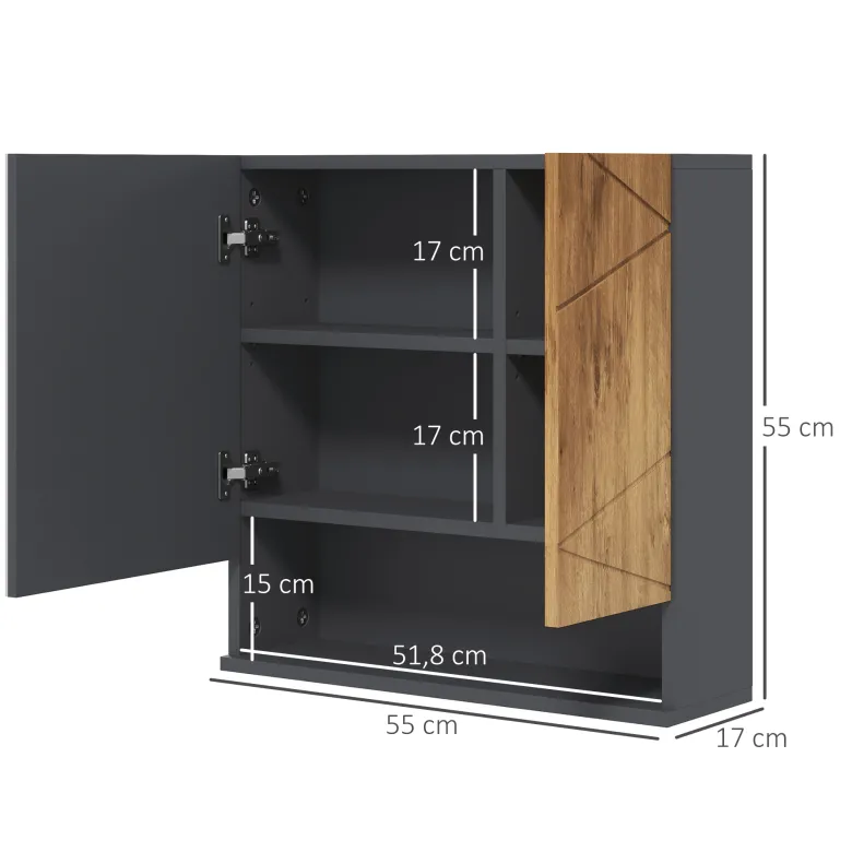 Armoire miroir 2 portes 2 étagères niche anthracite aspect bois
