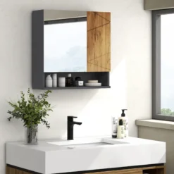 Armoire miroir 2 portes 2 étagères niche anthracite aspect bois