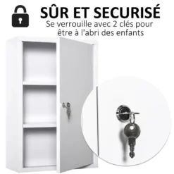 Armoire à pharmacie verrouillable 2 étagères 3 niveaux 2 clés métal blanc