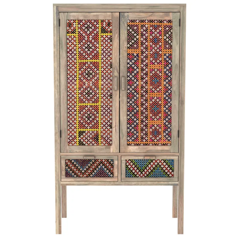 Armoire 2 portes 2 tiroirs en manguier et cannage coloré - massaï