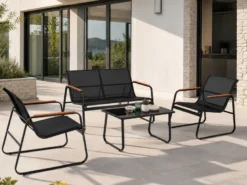 Aurora salon de jardin 4 places en toile de polyester noir