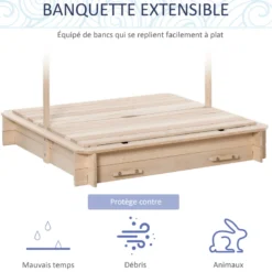 Bac à sable carré en bois pour enfant bancs couvercle auvent réglable