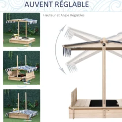 Bac à sable carré en bois pour enfant bancs couvercle auvent réglable