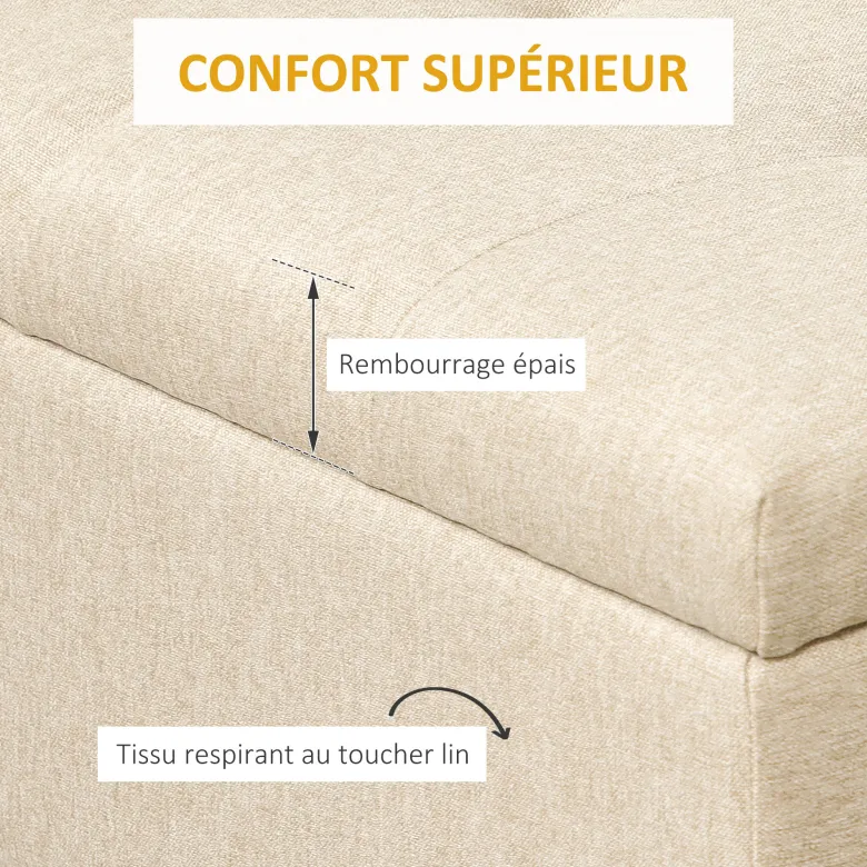 Banc coffre de rangement 2 en 1 acier doré tissu